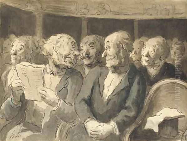 A man holding a theatre programme looking back at an eavesdropper in a theatre stall Oil Painting by Honore Daumier