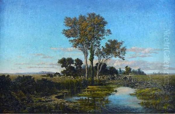 Troupeau S'abreuvant Sous L'arbre Oil Painting by Henri Laurent Mouren