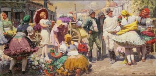 A Flower Market Oil Painting by Tivadar Josef Mousson