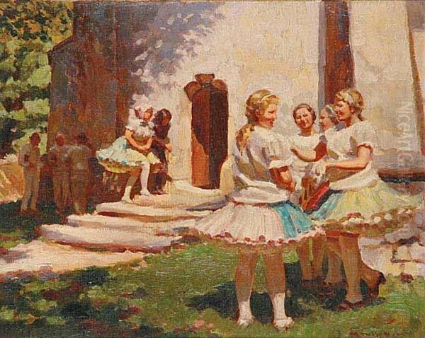 Girls In Front Of A Church Oil Painting by Tivadar Josef Mousson