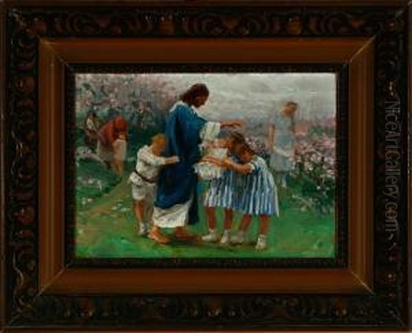 Mother And Her Children In A Rose Garden Oil Painting by Tivadar Josef Mousson