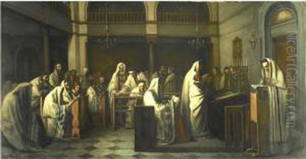 Synagogue During The Reading Of The Law Oil Painting by Edouard Moyse