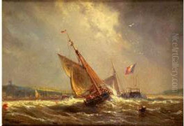 Barques De Peche Voiles Deployees Rentrant Au Port Par Gros Temps Oil Painting by Charles Louis Mozin