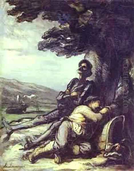 Don Quixote And Sancho Pansa Having A Rest Under A Tree 1855 Oil Painting by Honore Daumier