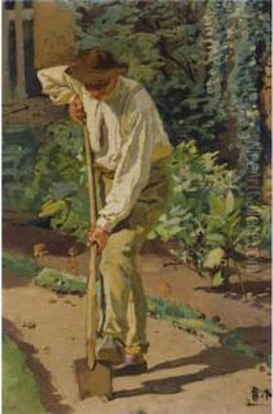 At Work In The Garden Oil Painting by Albert Ernst Muhlig