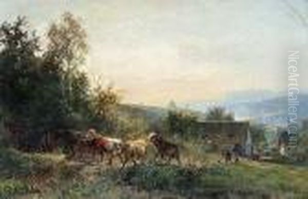 Hutebuben Mit Rinderherde Am Rande Eines Gebirgsdorfes Oil Painting by Bernhard Muthlig