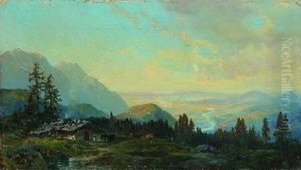 Blick Von Einer Alm Auf Ein Weites
 Flusstal Oil Painting by Bernhard Muthlig