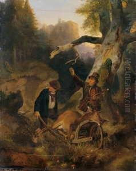 Zwei Wildererszenen. 1. Wilderer
 Einen Erlegten Hirsch Abtransportierend. 2. Wilderer Den Erlegten 
Hirsch Aufbrechend Oil Painting by Meno Muhlig