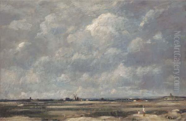 Figures In An Expansive Landscape, A Windmill Beyond Oil Painting by David Thomson Muirhead