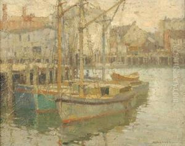 View Of Gloucester Harbor With Docked Fishing Boats Oil Painting by Frederick John Mulhaupt