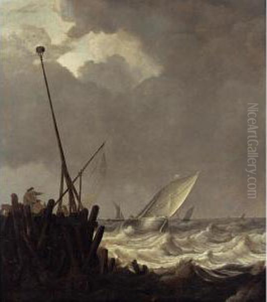 Ships In Stormy Seas With Fishermen Standing At A Jetty Oil Painting by Pieter the Younger Mulier