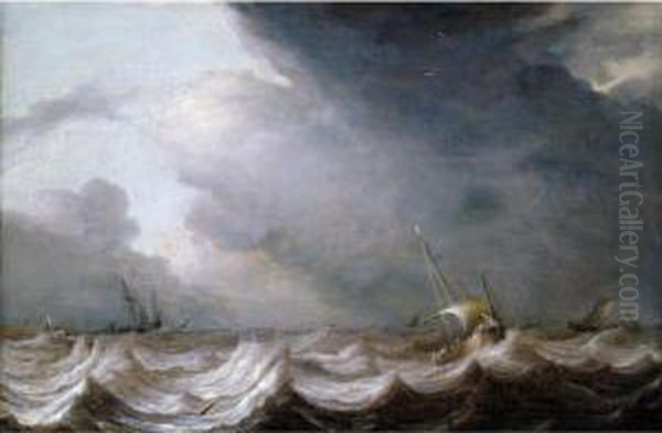 Dutch Fishing Pinks And Other Small Vessels At Sea In Stormy Weather Oil Painting by Pieter the Younger Mulier