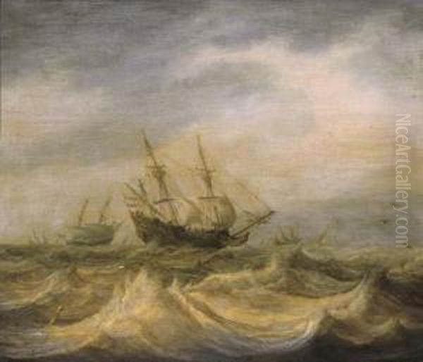 A Threemaster And Other Shipping In Choppy Waters On A Cloudy Day Oil Painting by Pieter the Younger Mulier