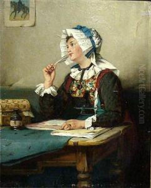 Junge Frau In Tracht Mit Gansekiel Und Heften Beim Schreiben Eines Briefes Oil Painting by August Muller