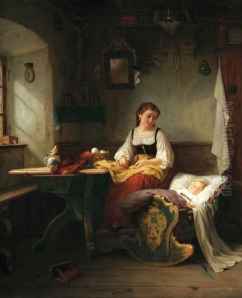 Muller , , Mother's Joy Oil Painting by August Muller