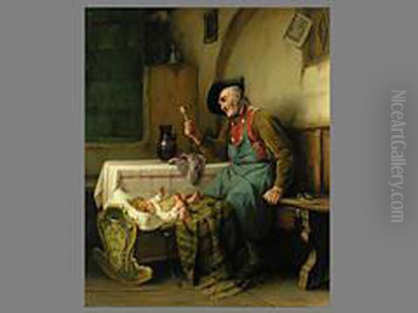 Grossvater An Der Wiege Oil Painting by August Muller