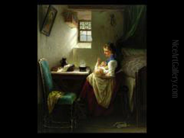 Interieur Mit Mutter Und Kind Oil Painting by August Muller