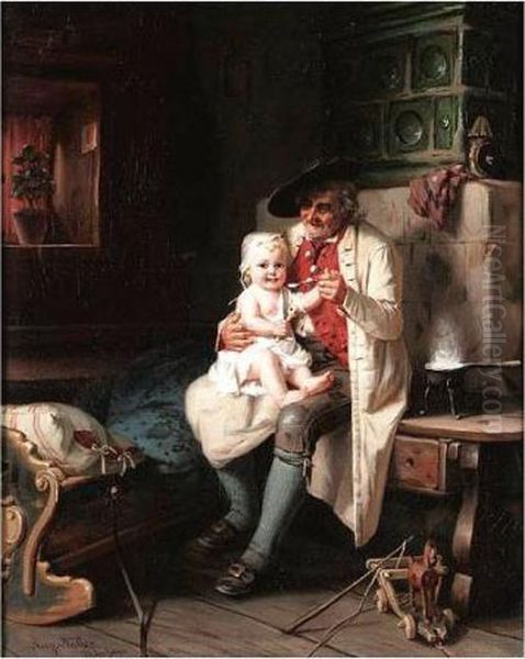 Baby's Dinner Oil Painting by August Muller