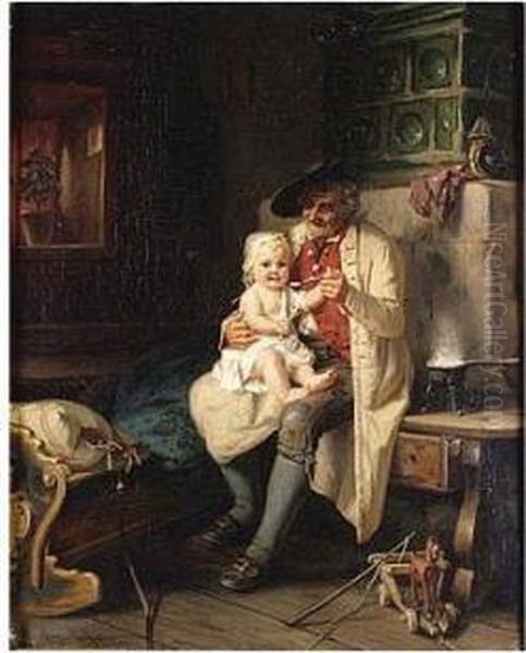 Muller , Baby's Dinner, Signed 
And Inscribed Munchen, Oil On Canvas, 45.5 X 36 Cm.; 17 3/4 X 14 In Oil Painting by August Muller