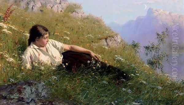 Resting Beside the Fjord (Huile ved Fjorden) Oil Painting by Hans Dahl