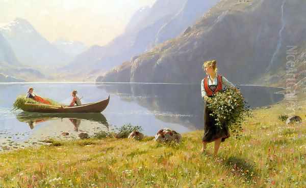 On The Banks of the Fjord Oil Painting by Hans Dahl