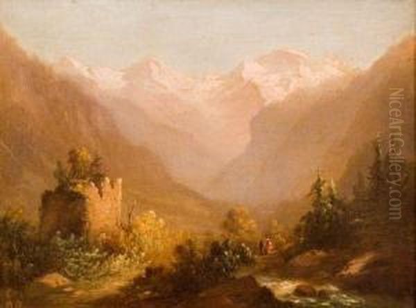 Tower Ruin In The Mountains. Oil Painting by Charles-Louis Mutler