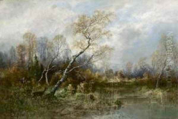 Herbstwald Mit Rehwild Am Ufer Oil Painting by Eduard Josef Muller