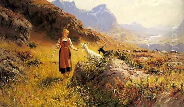 An Alpine Landscapewith a Shepherdess and Goats Oil Painting by Hans Dahl