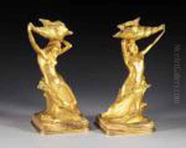 A Pair Of Art Nouveau Gilt Bronze Figural Candlesticks, Early 20th Century Oil Painting by Hans Muller