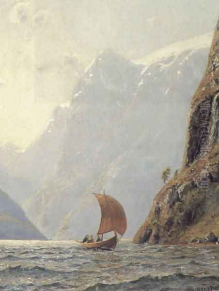 Sailing in a Fjord Oil Painting by Hans Dahl