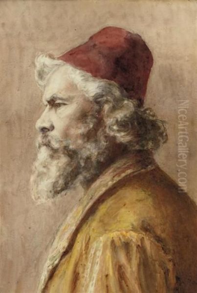 A Bearded Man In A Fez Oil Painting by Leopold Carl Muller