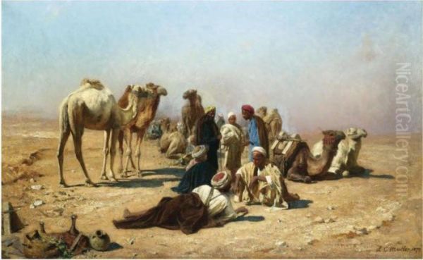 Halt In The Desert Oil Painting by Leopold Carl Muller