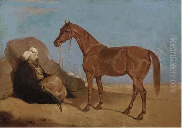 An Arab Smoking A Pipe, A Horse To His Side Oil Painting by Leopold Carl Muller