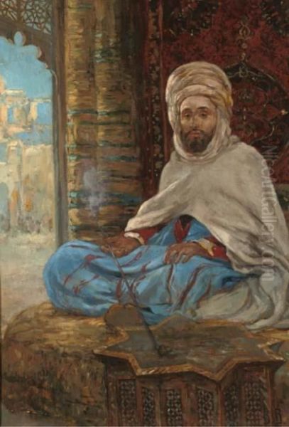 An Ottoman Smoking A Pipe Oil Painting by Leopold Carl Muller