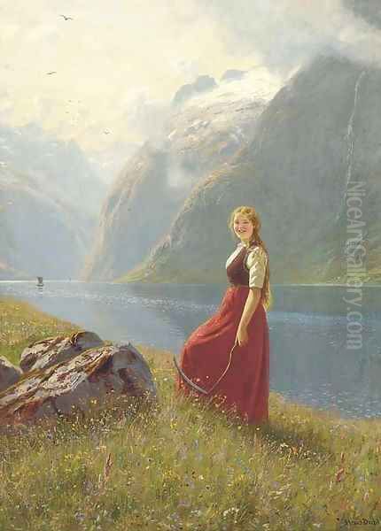 A young harvester at a sunlit fjord Oil Painting by Hans Dahl