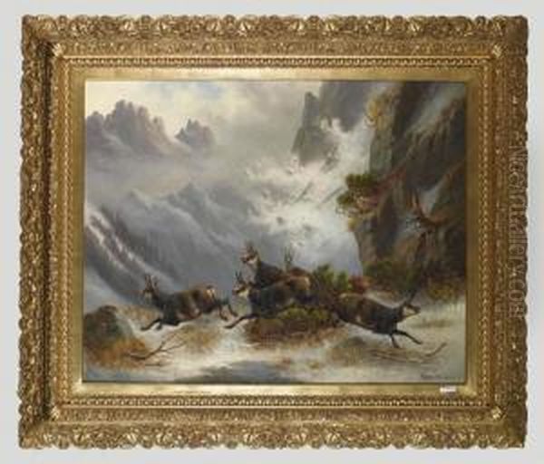 Gemsen Im Schnee Vor Lawine. Oil Painting by Moritz Muller