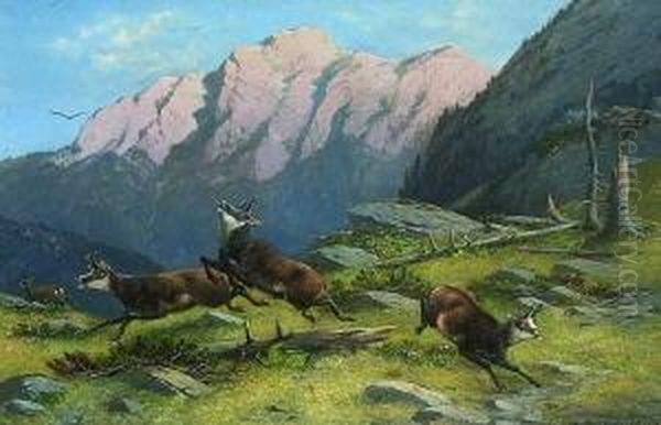 Gamsjagd Im Hochgebirge. Oil Painting by Moritz Muller