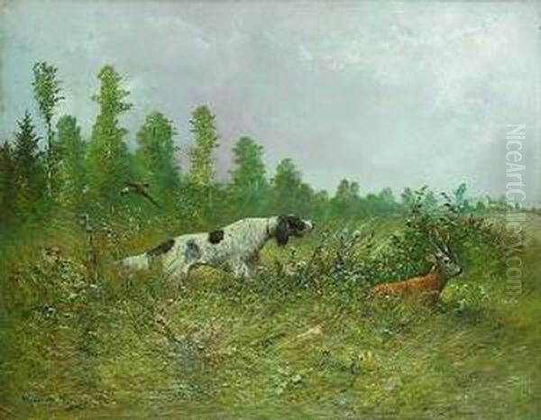 Jagdhund, Einen Rehbock
 Verfolgend. Oil Painting by Moritz Muller