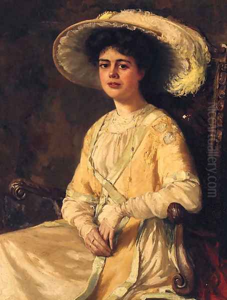 Portrait Of An Elegant Lady, Seated Three-Quarter-Length, Wearing A Plumed Hat Oil Painting by Hans Dahl