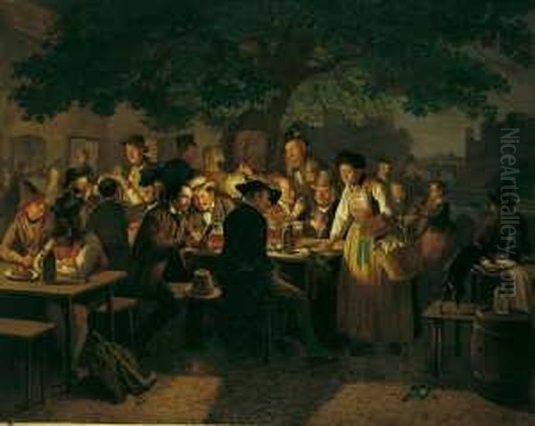 Ein Sommerabend Vor Dem Wirtshaus Zum Grunen Baum In Munchen. Oil Painting by Moritzfeuermuller I Muller