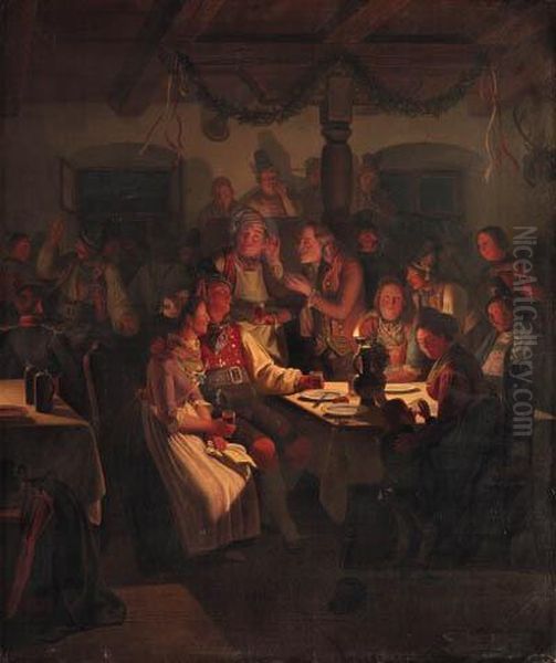 A Celebration In The Tavern Oil Painting by Moritzfeuermuller I Muller