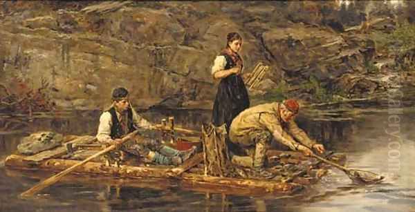 Fishing from a raft Oil Painting by Hans Dahl