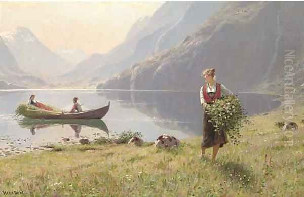 Harvesters by the banks of a fjord Oil Painting by Hans Dahl