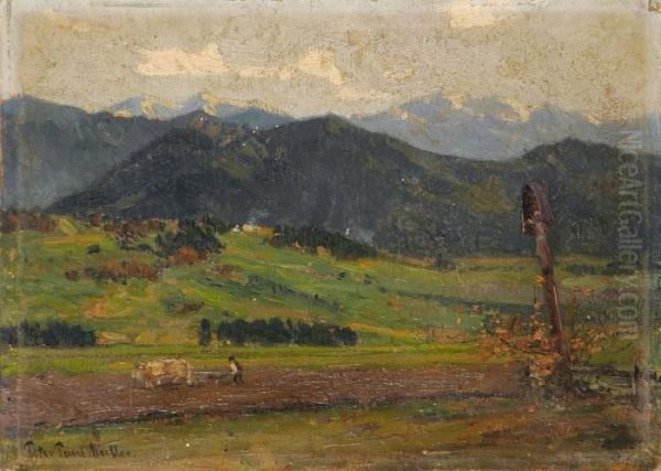 Pflugender Bauer In Voralpenlandschaft Oil Painting by Peter Paul Muller