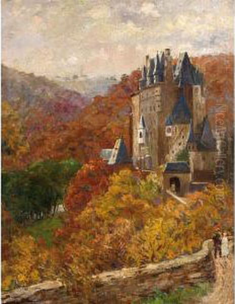 View Of Castle Eltz On The River Mosel Oil Painting by Peter Paul Muller