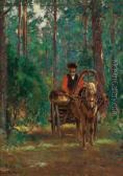 Ein Fuhrwerk Im Wald Oil Painting by Peter Paul Muller