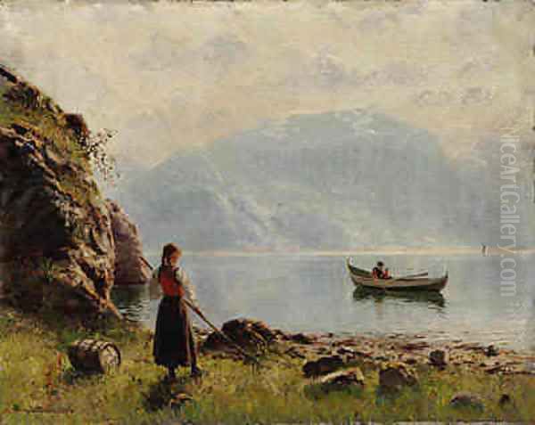 Young Girl by Norwegian Fjord Oil Painting by Hans Dahl