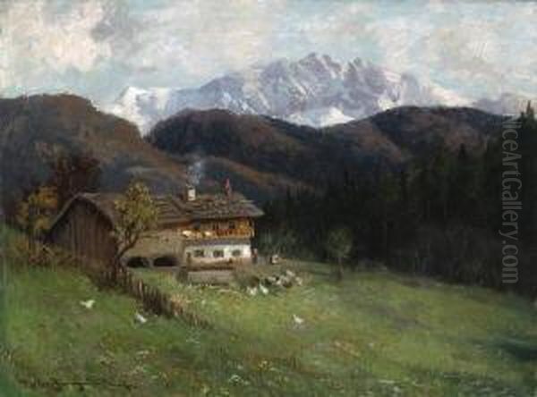 Bauernhaus In
 Gebirgslandschaft. Oil Painting by Karl Muller-Baumgarten