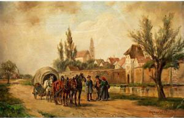 Planwagen Auf Dorfstrasse Oil Painting by Ludwig Muller-Cornelius