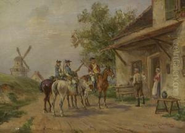 Berittene Soldaten Vor Einem Bauernhaus Oil Painting by Ludwig Muller-Cornelius